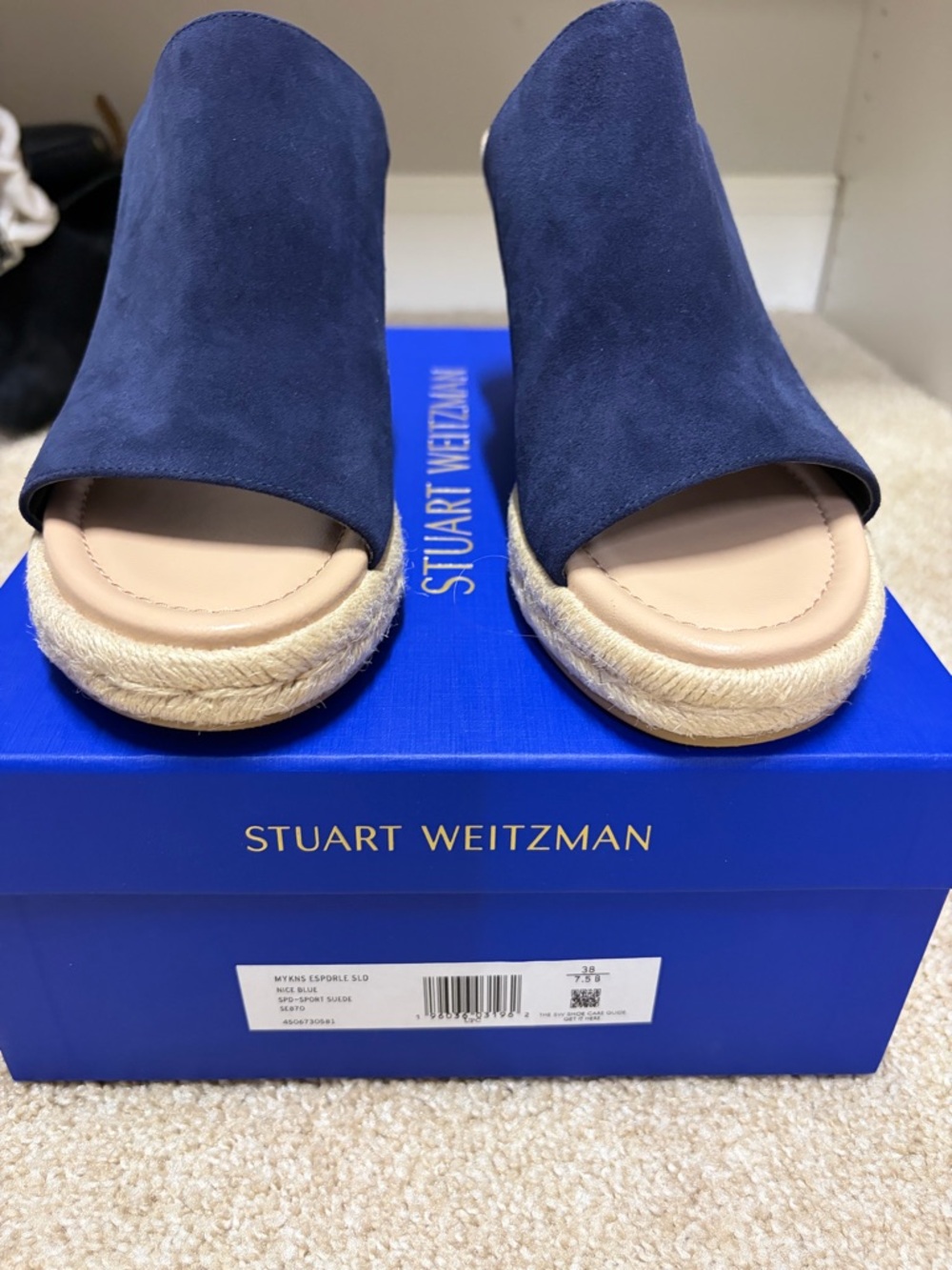 Stuart Weitzman Navy Suede Espadrille Slide Mules